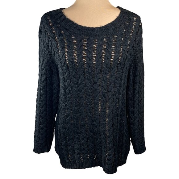 Joe Fresh Open Knit Sweater Black Long Sleeve Size L Large Crew Neck - Picture 1 of 6